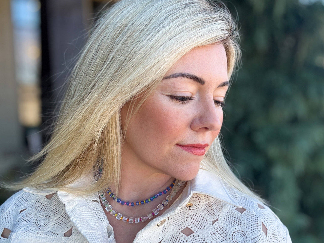 neckline paired Blue + Multi-Colored Beaded Necklace — glass and seed beads with magnetic clasp and gold-plated extender, layering-ready by Onyx Native