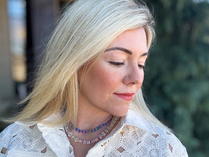 neckline paired Blue + Multi-Colored Beaded Necklace — glass and seed beads with magnetic clasp and gold-plated extender, layering-ready by Onyx Native