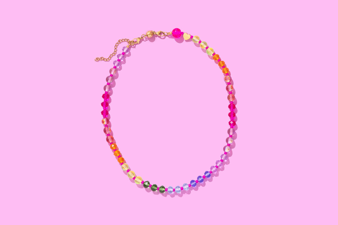 Multi-Colored + Pink Beaded Necklace — magnetic clasp, gold-plated extender chain, layered styling accessory by Onyx Native