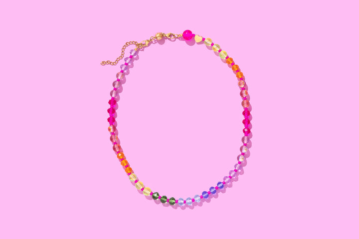 Multi-Colored + Pink Beaded Necklace — magnetic clasp, gold-plated extender chain, layered styling accessory by Onyx Native