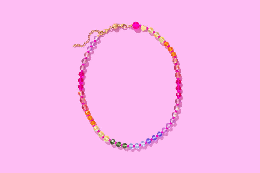 Multi-Colored + Pink Beaded Necklace — magnetic clasp, gold-plated extender chain, layered styling accessory by Onyx Native