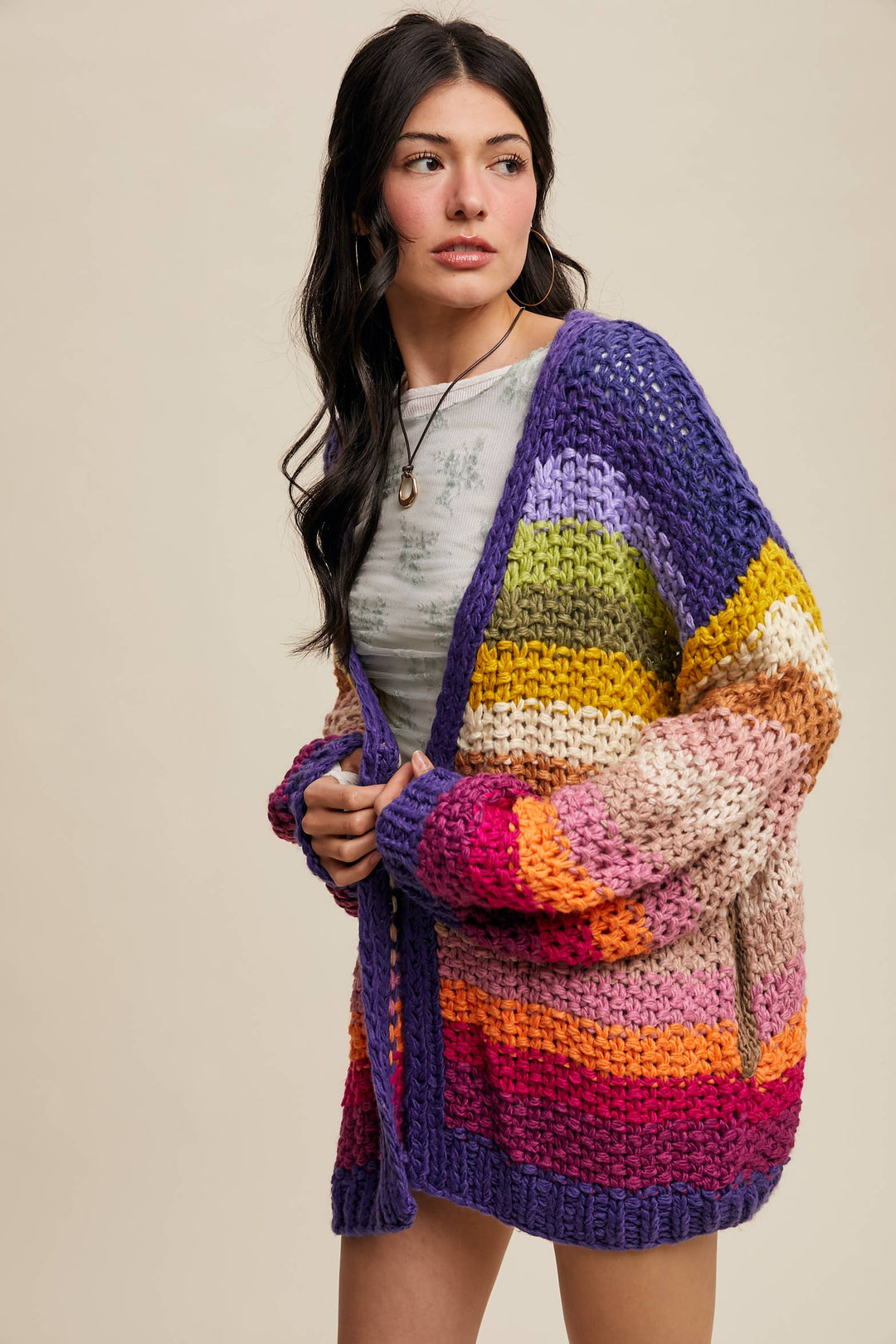 Rainbow Hand-Crochet Open Cardigan