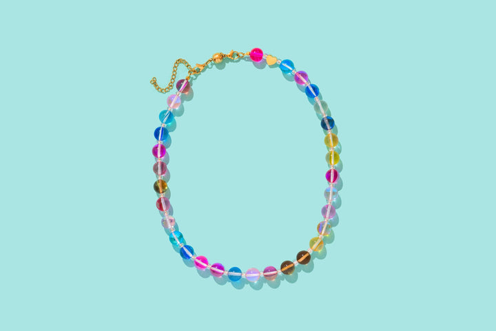 Multi-Colored + Clear Beaded Necklace — glass and seed beads with magnetic clasp and gold-plated extender, perfect for layering by Onyx Native