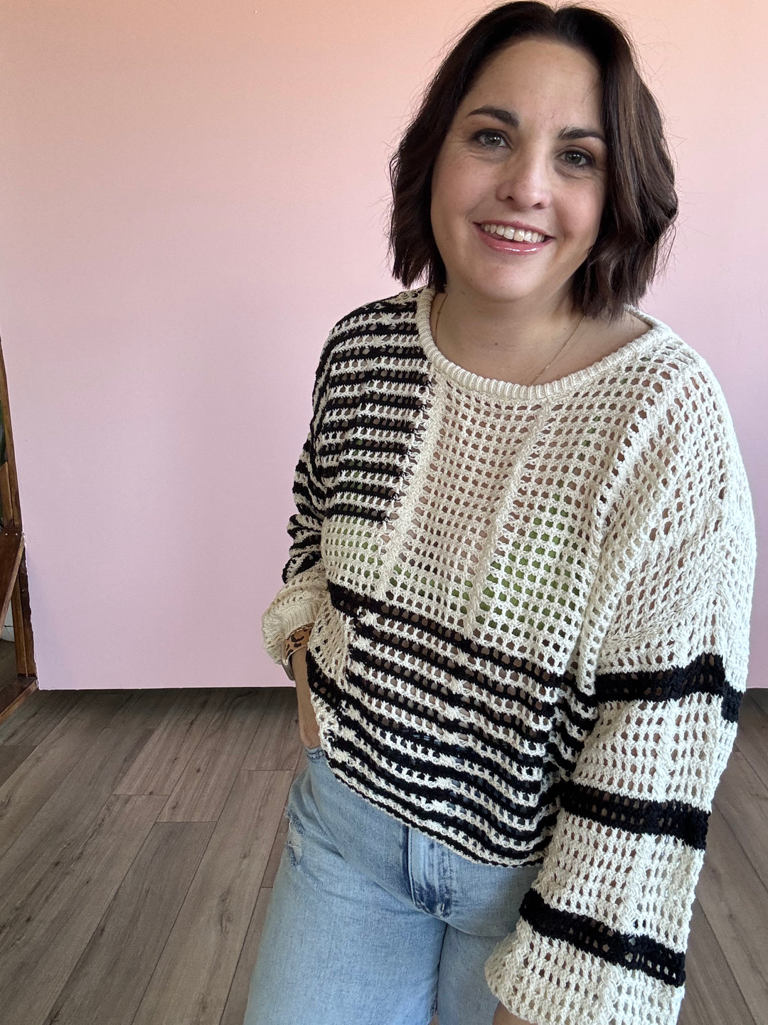 Stripe Colorblock Crochet Sheer Knit Sweater - Black Multi Stripe