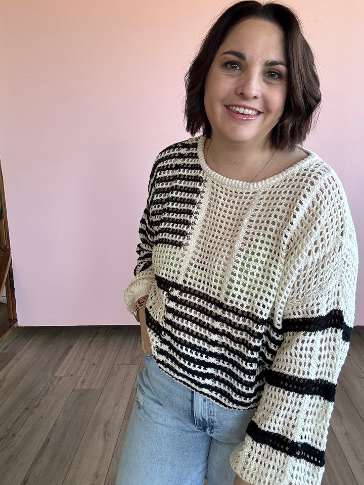 Stripe Colorblock Crochet Sheer Knit Sweater - Black Multi Stripe