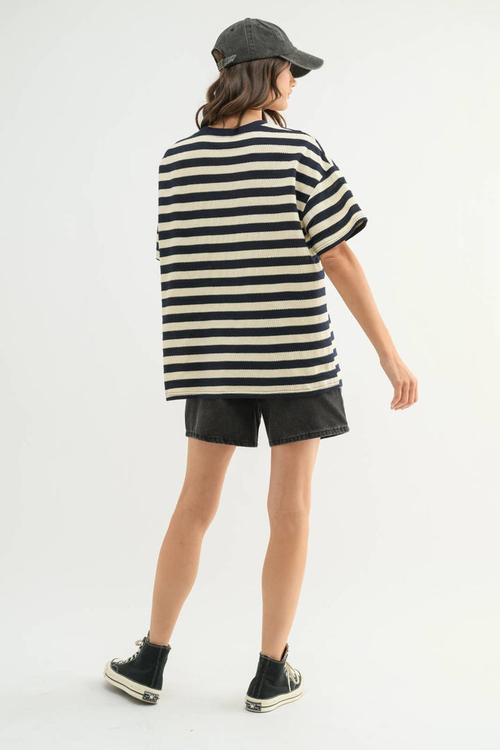 back view Oversized Striped Knit Top — Relaxed Fit Cotton Blend Essential