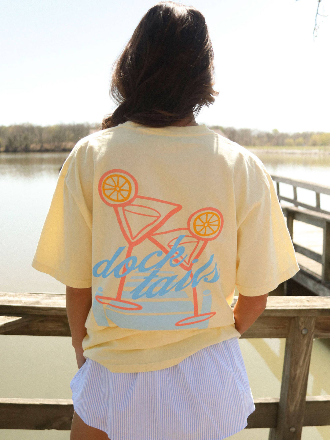back view Docktails Tee — butter yellow Comfort Colors® with orange and blue lake-themed front and back graphics, summer-ready by Onyx Native