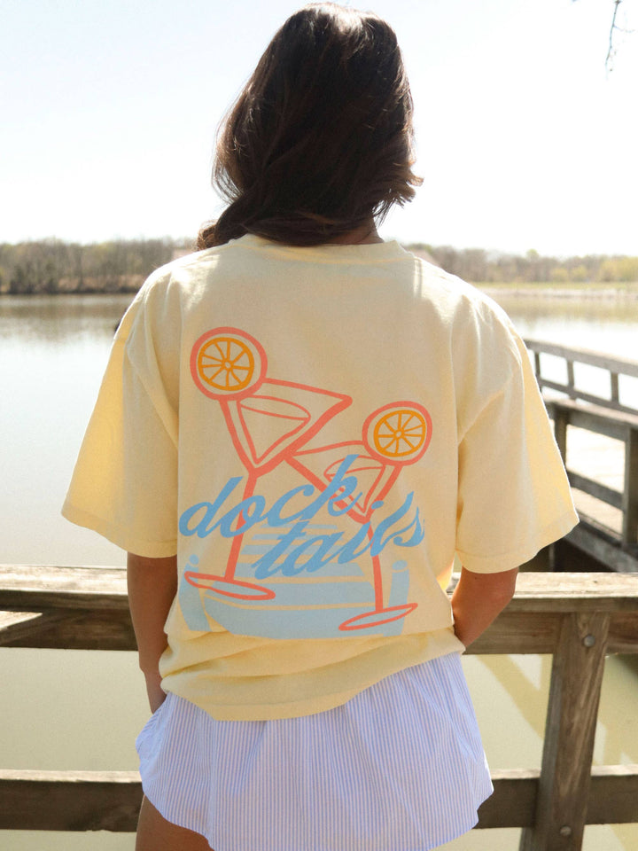 back view Docktails Tee — butter yellow Comfort Colors® with orange and blue lake-themed front and back graphics, summer-ready by Onyx Native