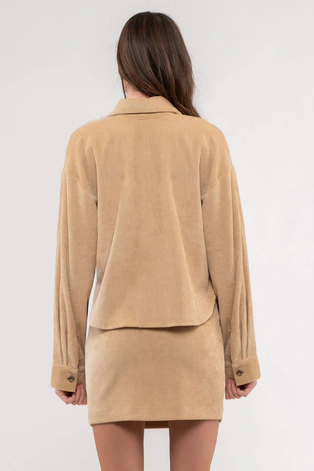 back view of yellow colored Dusty Sage Button Up Rib Knit Jacket with Collar, Long Sleeves, Pockets, and Pocket Slits.