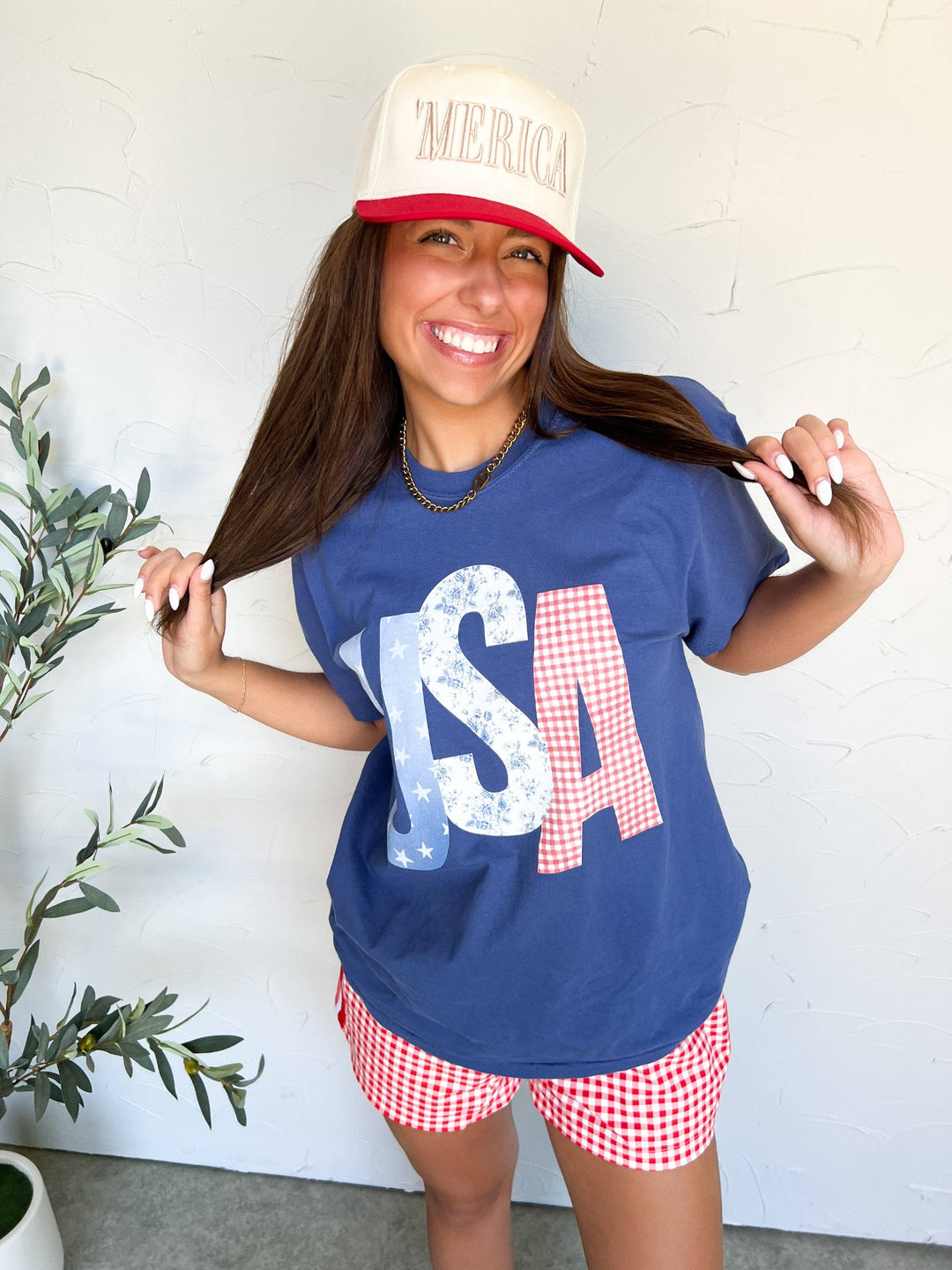 front view with hat USA Picnic Tee — patriotic Comfort Colors® unisex cotton tee with screen-printed graphic, perfect for outdoor gatherings by Onyx Native
