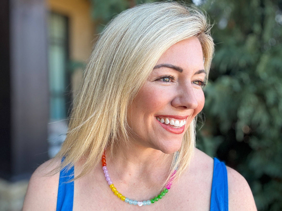side angle Multi-Colored Opal Beaded Necklace with Pearl Heart — magnetic clasp, gold-plated extender, layering-ready accessory by Onyx Native