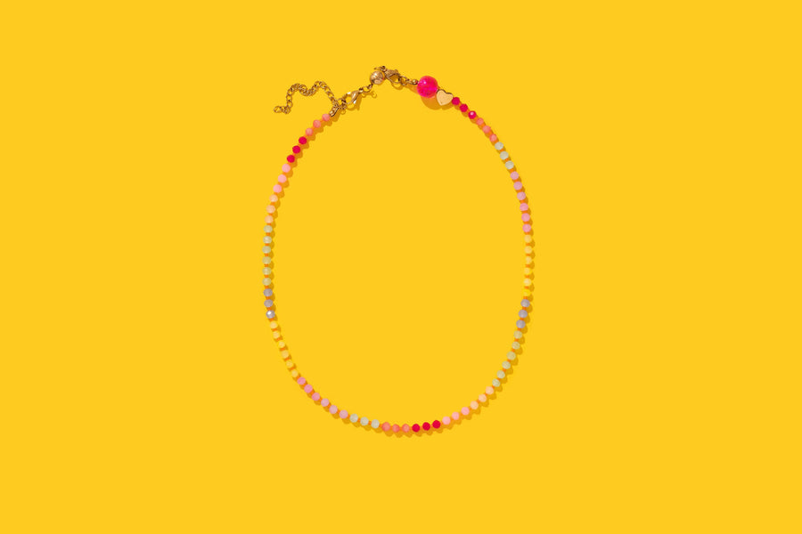 Multi-Colored + Pink Beaded Necklace — magnetic clasp, gold-plated extender chain, layering-ready glass and seed beads by Onyx Native