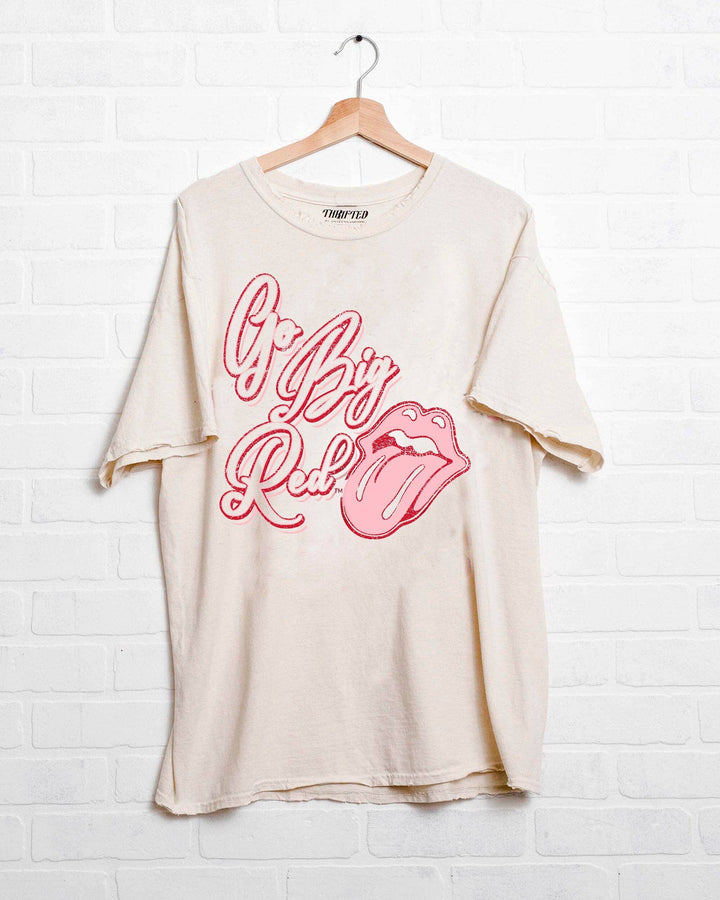 hanging Rolling Stones Go Big Red Tee — vintage-inspired, 100% preshrunk cotton, distressed Nebraska Huskers game day t-shirt by Onyx Native