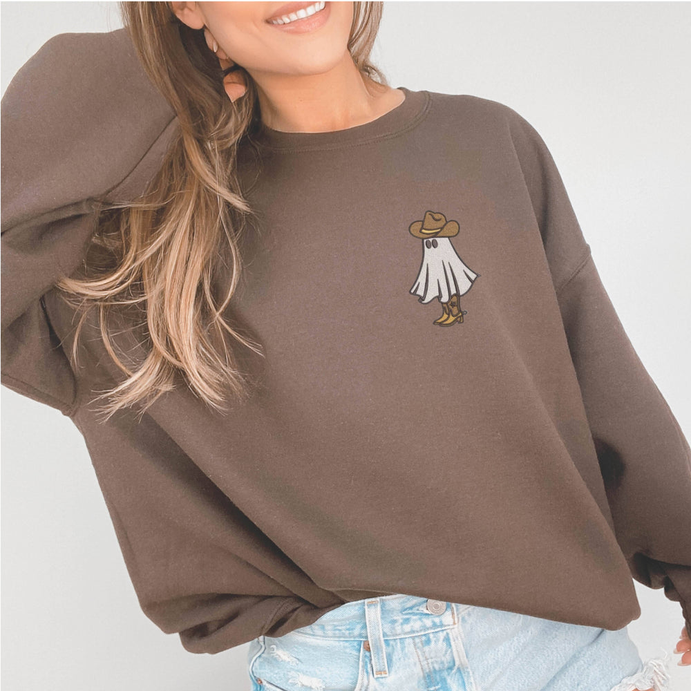 brown colored view of Western Ghost Embroidered Halloween Crewneck Sweatshirt in soft, durable fabric with an oversized unisex fit, featuring a minimalist ghost design, available at Onyx Native.