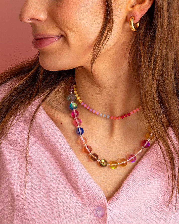 layered Multi-Colored + Pink Beaded Necklace — magnetic clasp, gold-plated extender chain, layering-ready glass and seed beads by Onyx Native