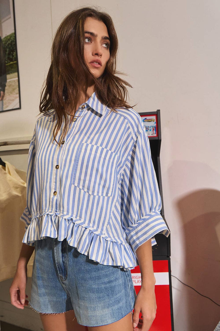 front view Bluebell Ruffled Top — striped, relaxed-fit button-down with ruffled hem and 3/4 cuffed sleeves by Onyx Native