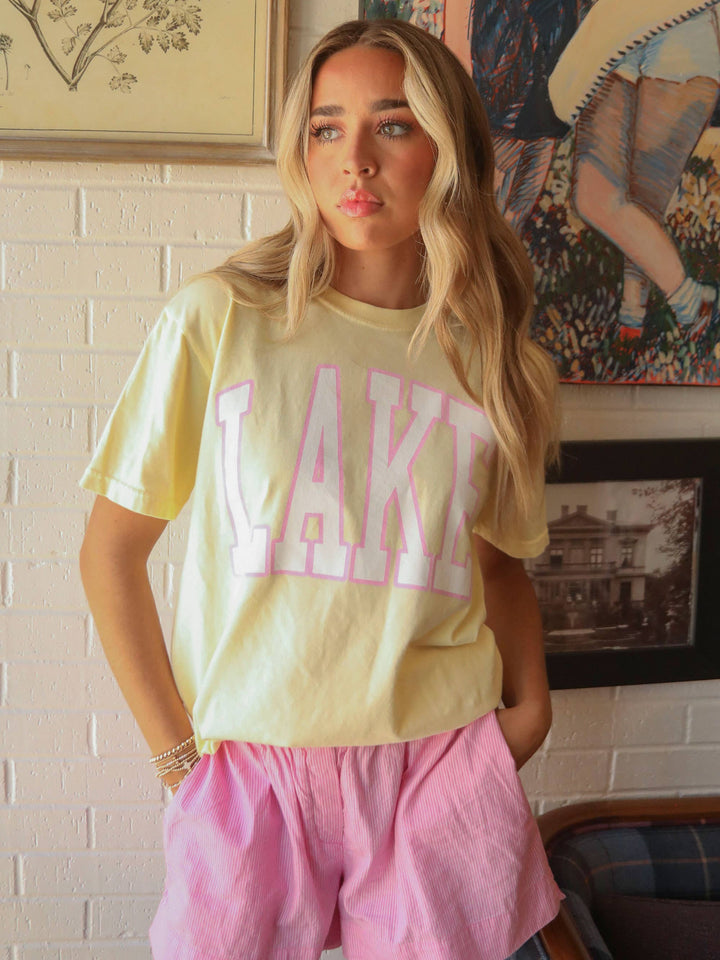 LAKE Oversized Tee — sunshine yellow Comfort Colors® tee with varsity pink and white lettering, perfect for lake days by Onyx Native