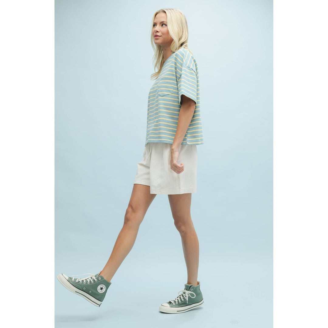 side view Striped Drop Shoulder Knit Top — relaxed fit, round neck, short sleeve casual summer essential, comfy cotton blend by Onyx Native
