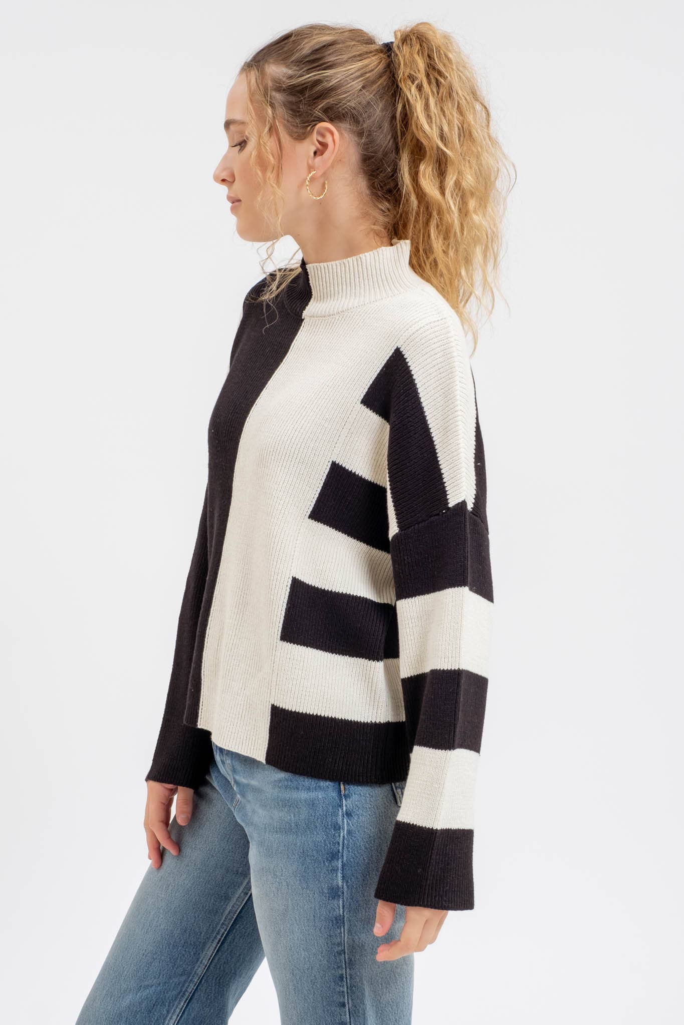 Stripe Mock Neck Knit Sweater