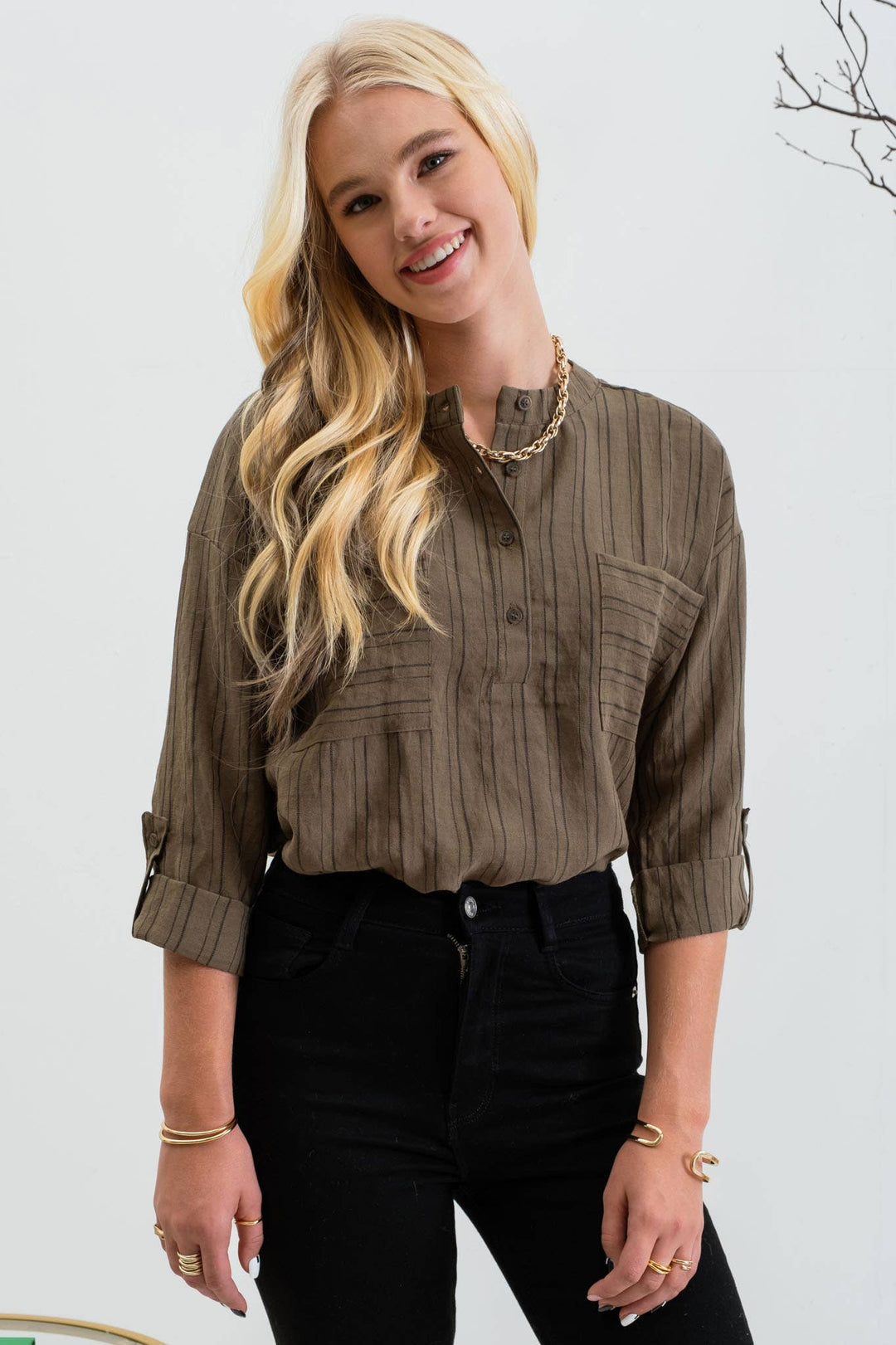 VERTICAL STRIPED LONG SLEEVE: OLIVE