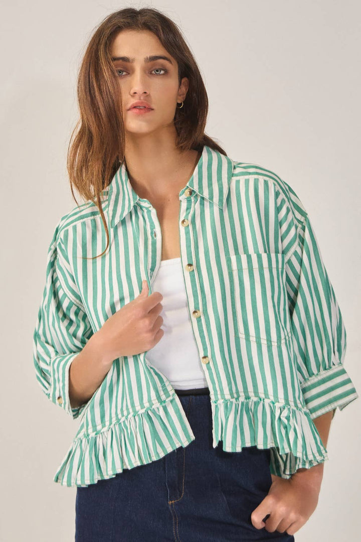 unbuttoned Green Springs Striped Ruffled Top — relaxed-fit button-down with playful ruffles and 3/4 cuffed sleeves by Onyx Native