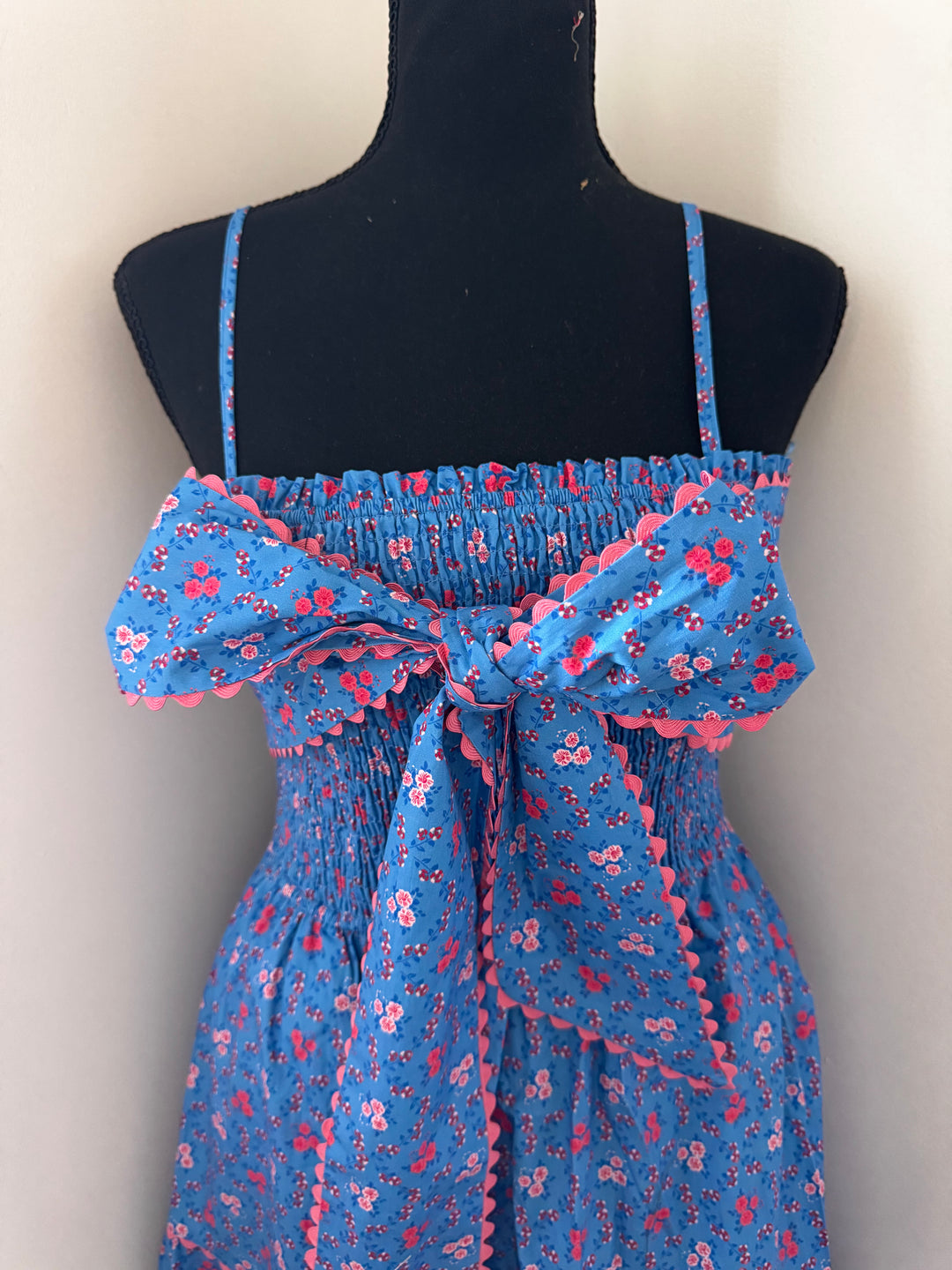 view of bow Blue Bonnet Summer Dress — playful maxi dress with bow detail and adjustable straps, true-to-size summer essential by Onyx Native