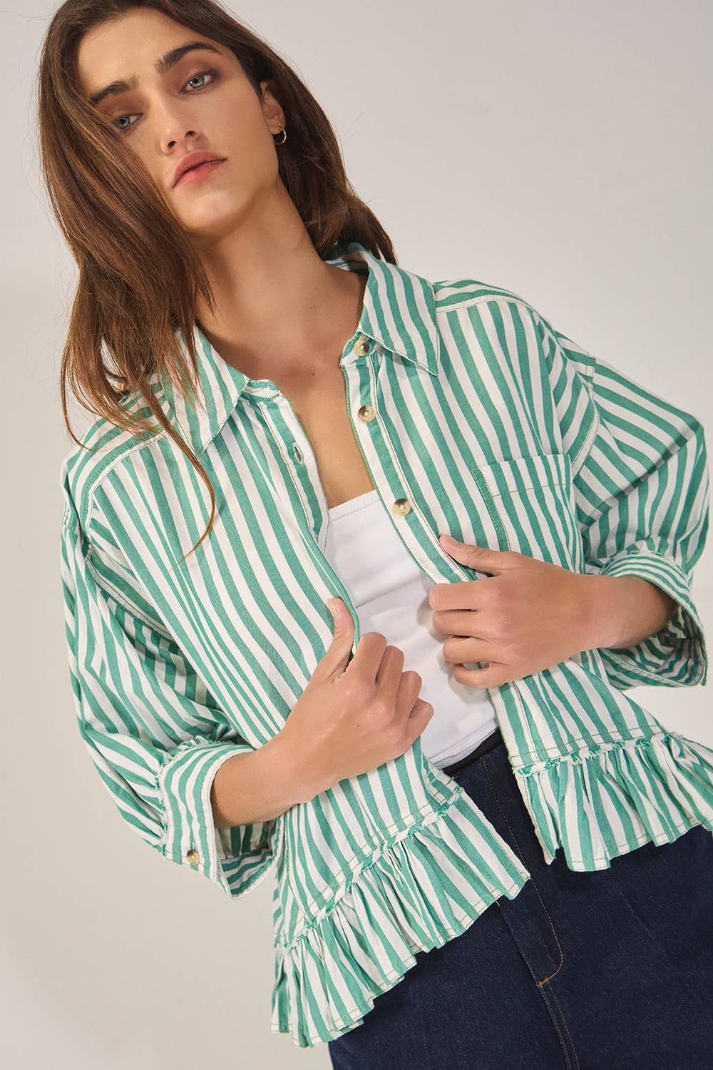 hem Ruffle Green Springs Striped Ruffled Top — relaxed-fit button-down with playful ruffles and 3/4 cuffed sleeves by Onyx Native