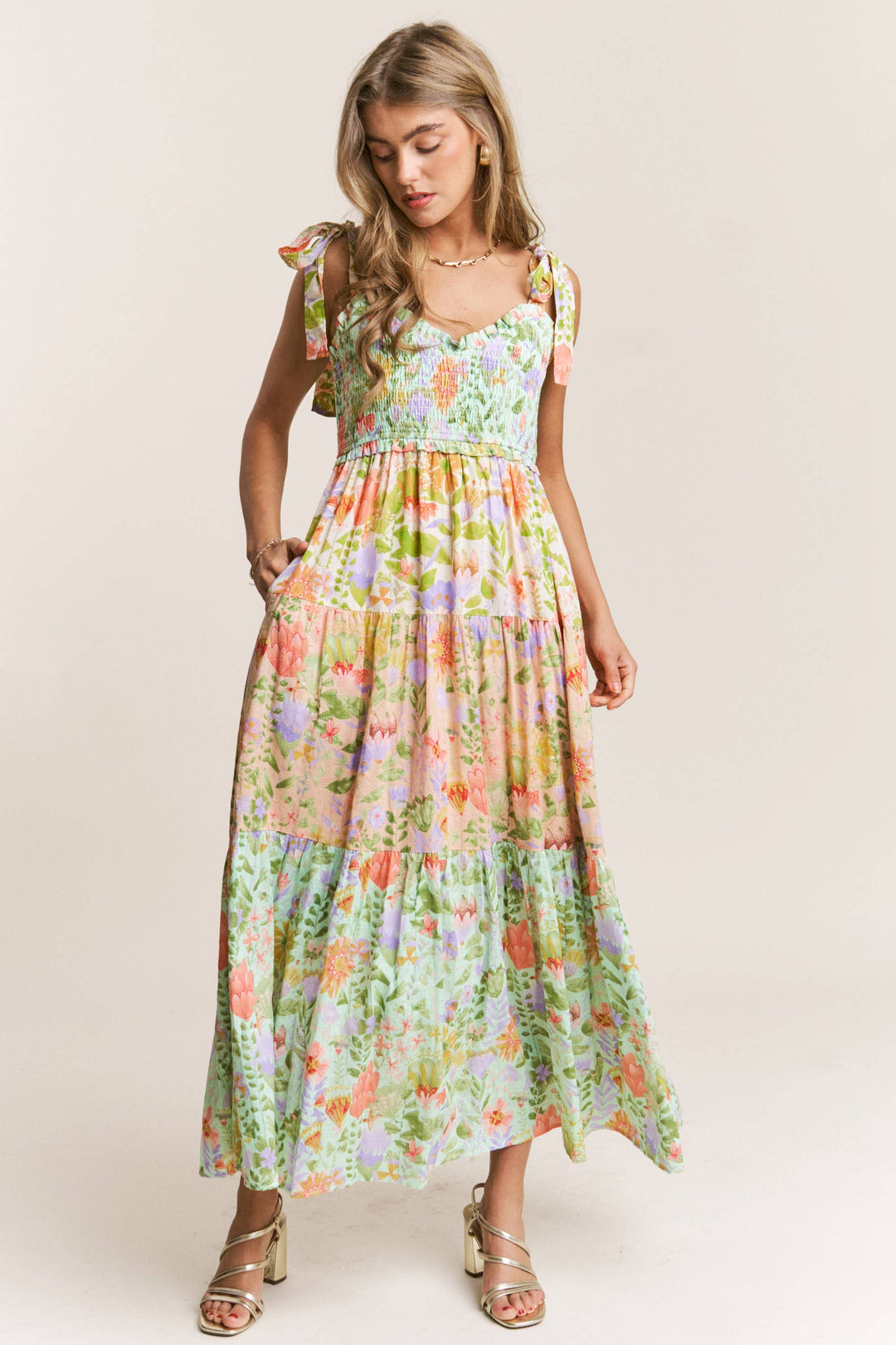 flowy Garden Dream Tiered Multi Print Maxi Dress — floral print, smocked bodice, tie shoulders, true-to-size fit by Onyx Native