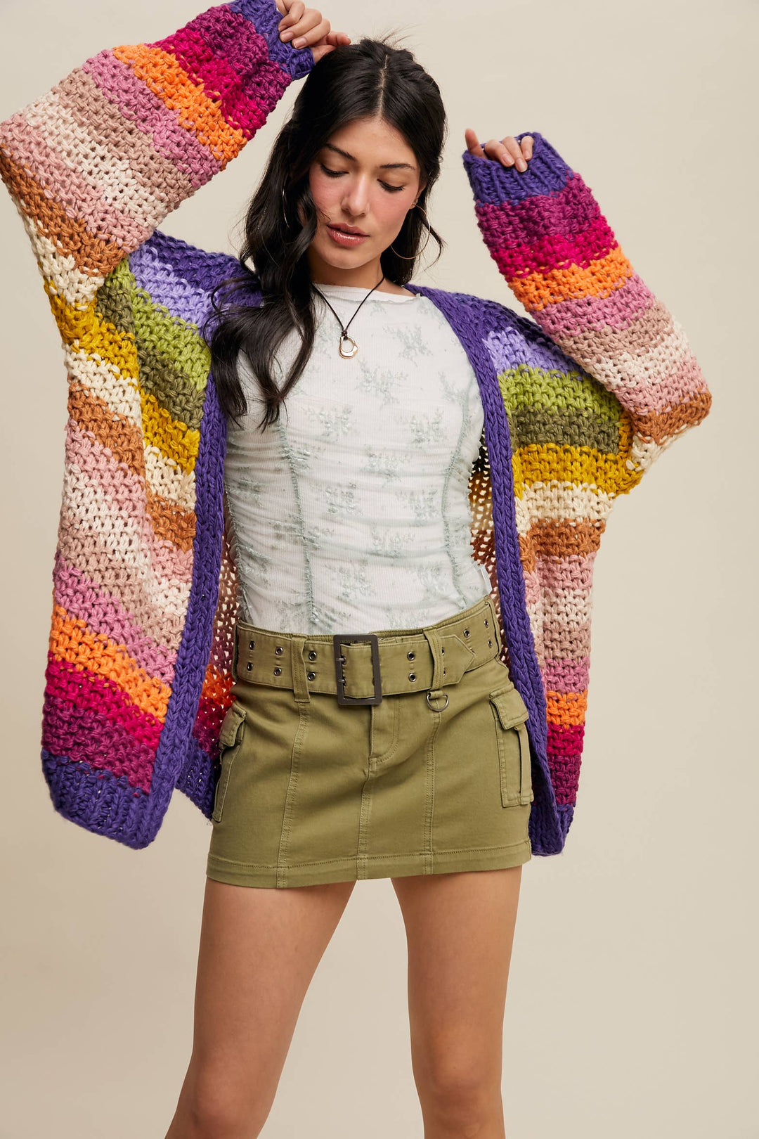 Rainbow Hand-Crochet Open Cardigan