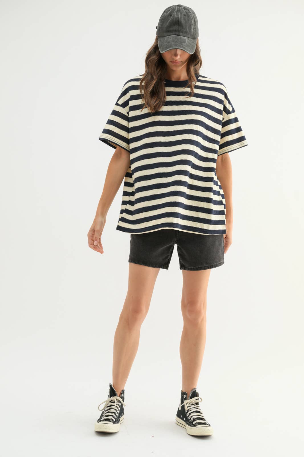 front view Oversized Striped Knit Top — Relaxed Fit Cotton Blend Essential