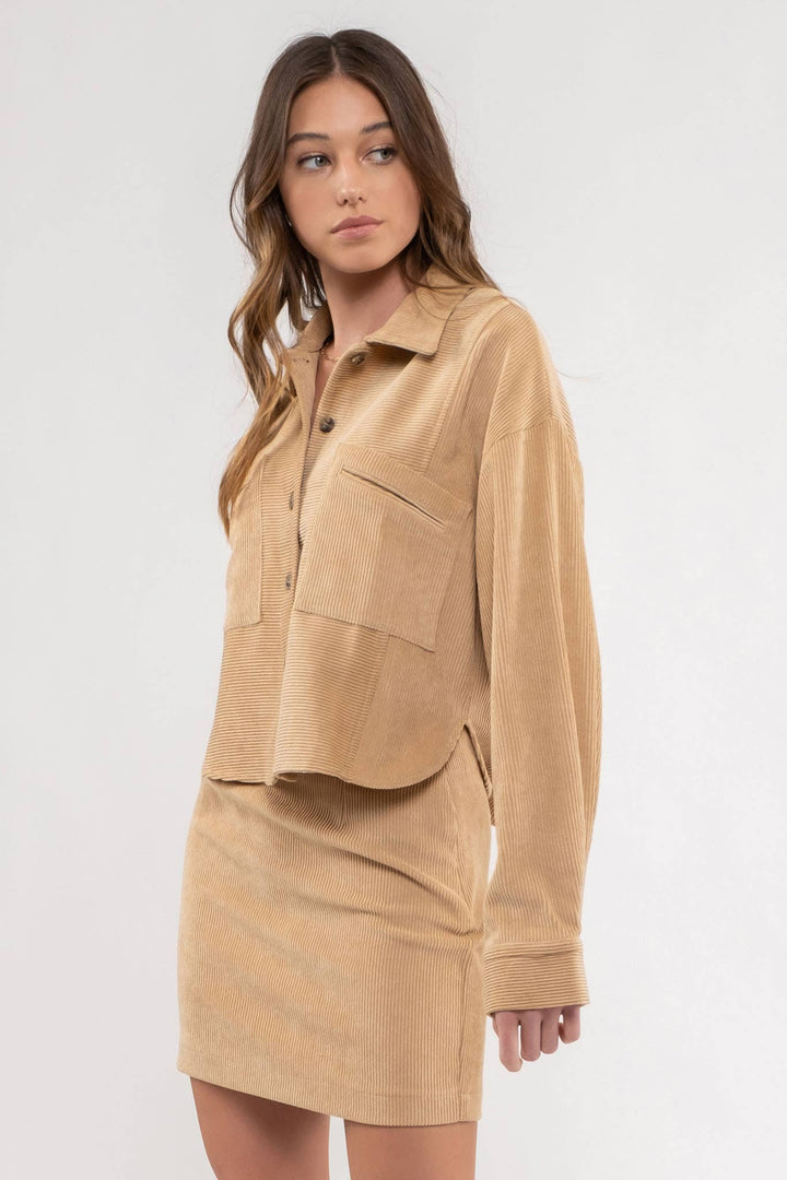 side view of yellow color Dusty Sage Button Up Rib Knit Jacket with Collar, Long Sleeves, Pockets, and Pocket Slits.