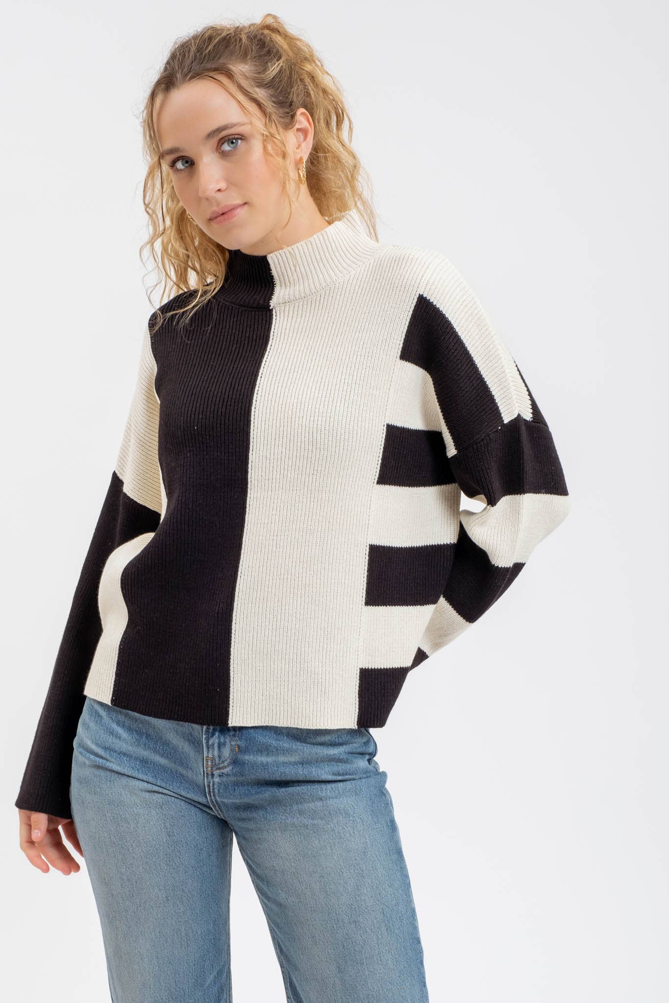 Stripe Mock Neck Knit Sweater