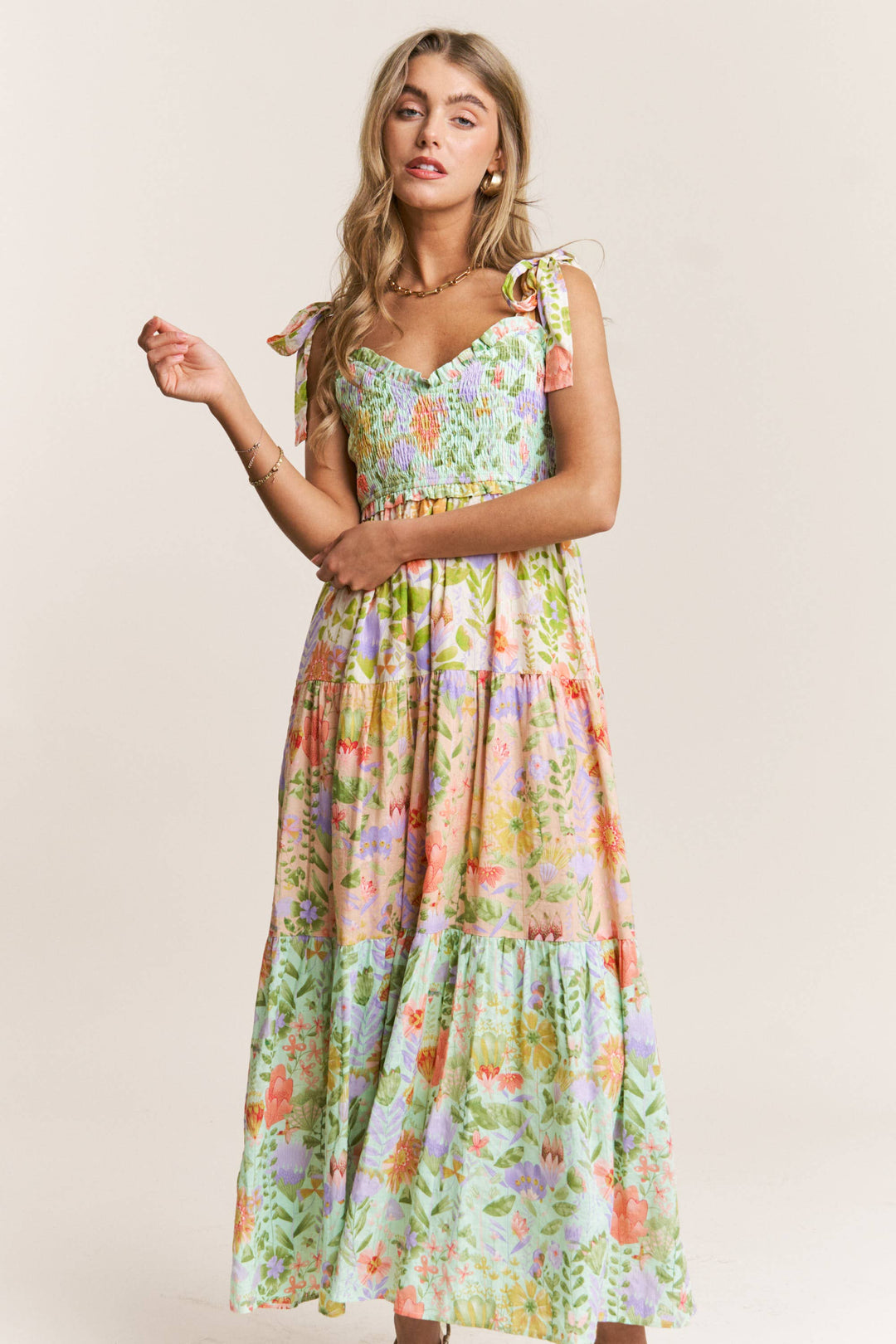 dress Garden Dream Tiered Multi Print Maxi Dress — floral print, smocked bodice, tie shoulders, true-to-size fit by Onyx Native