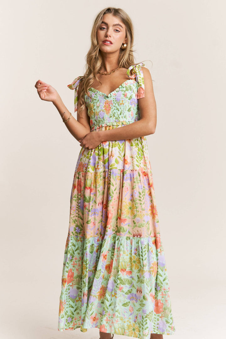 dress Garden Dream Tiered Multi Print Maxi Dress — floral print, smocked bodice, tie shoulders, true-to-size fit by Onyx Native