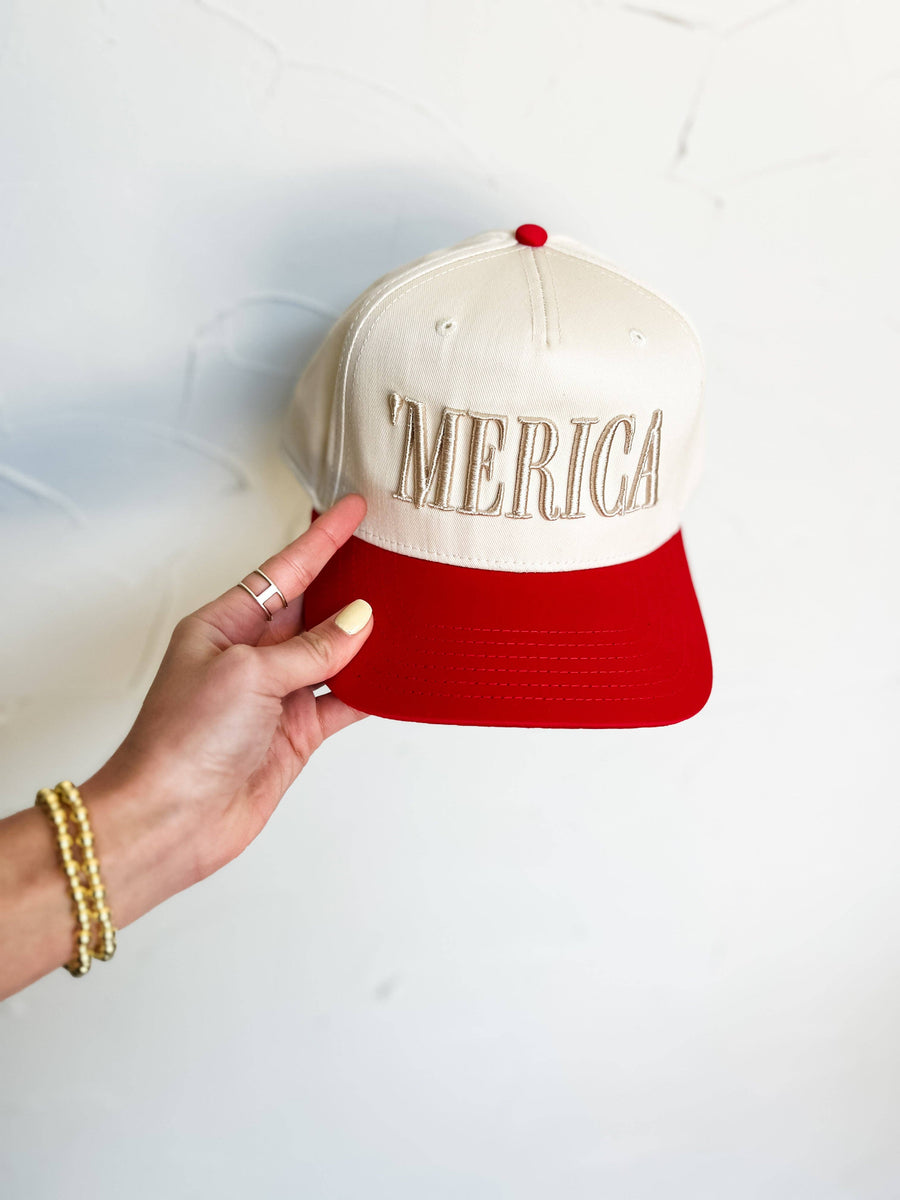 'Merica Tone Puff Cap — structured red and natural mid-profile snapback with tone-on-tone puff embroidery by Onyx Native