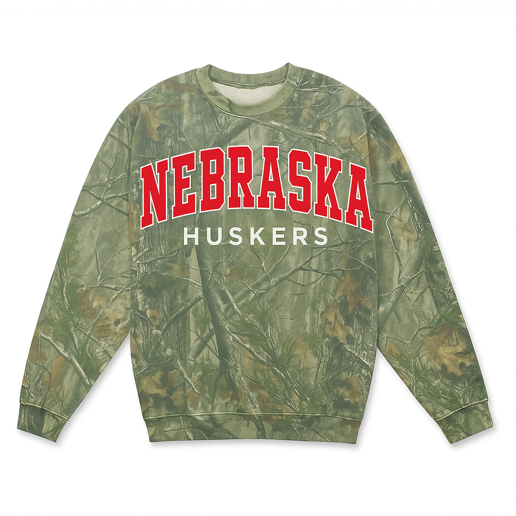 Nebraska Huskers Camouflage Sweatshirt — oversized brushed cotton fleece, pigment dyed, officially licensed game day gear by Onyx Native