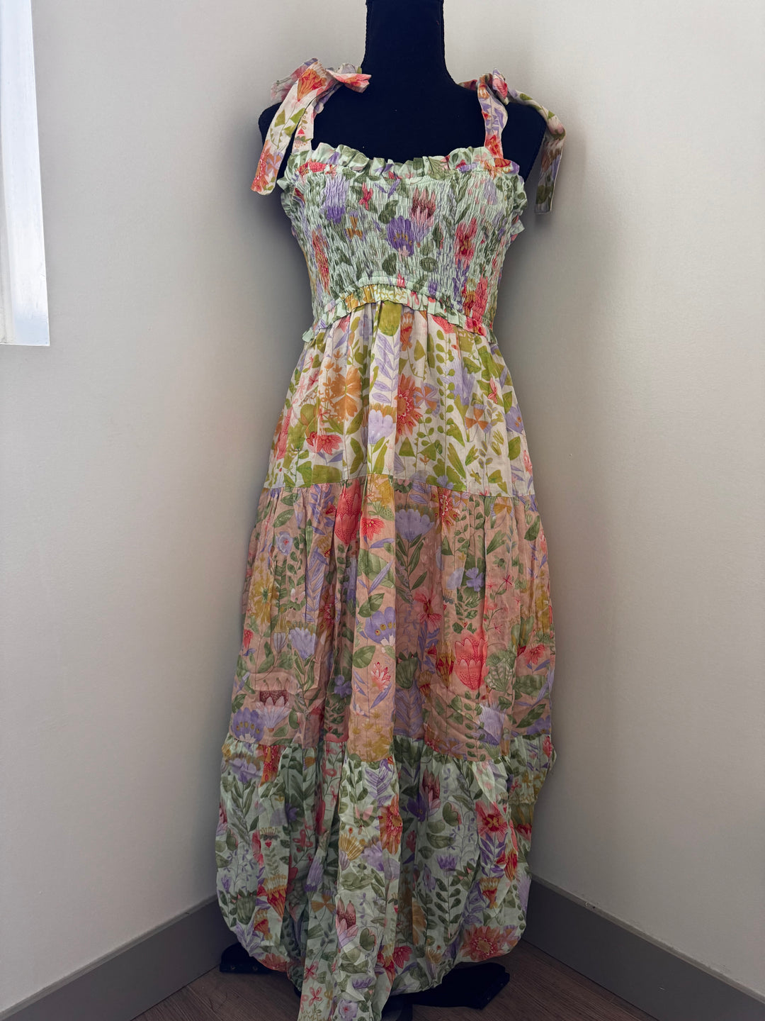 Garden Dream Tiered Multi Print Maxi Dress — floral print, smocked bodice, tie shoulders, true-to-size fit by Onyx Native