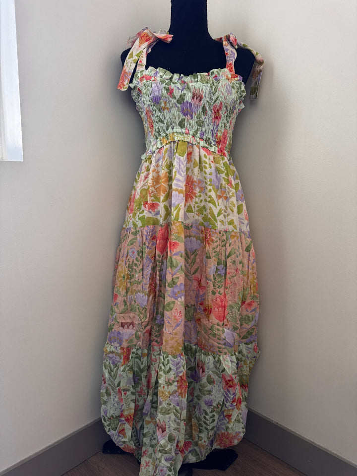 Garden Dream Tiered Multi Print Maxi Dress — floral print, smocked bodice, tie shoulders, true-to-size fit by Onyx Native