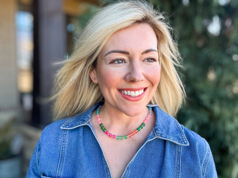 neckline Multi-Colored Beaded Necklace with Yellow Stones — seed beads, magnetic clasp, gold-plated extender, layering-ready by Onyx Native
