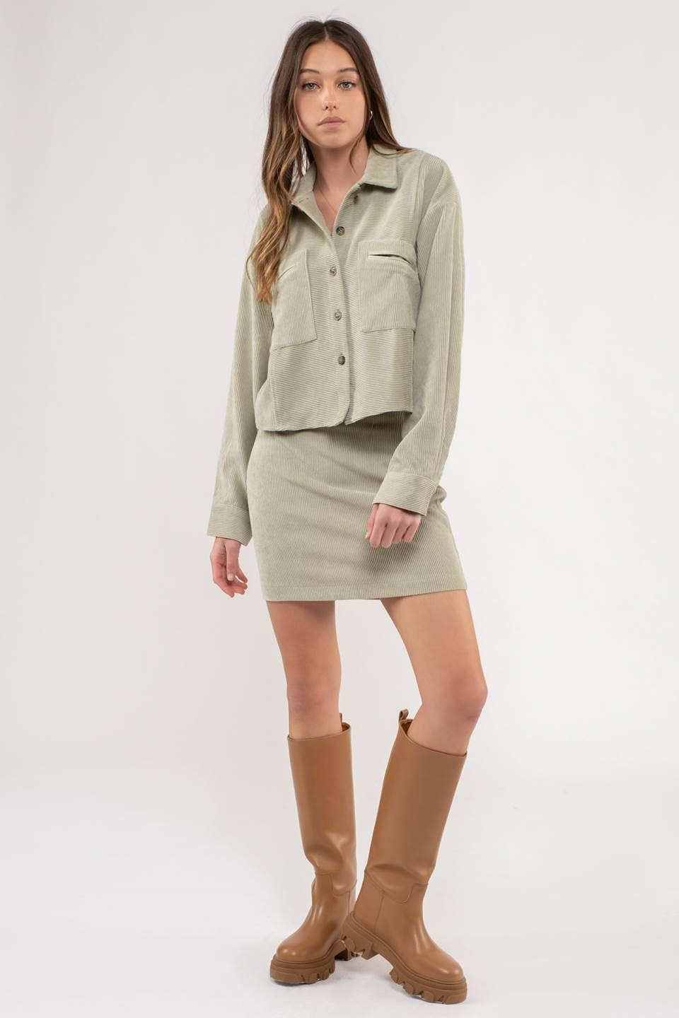 front view of Dusty Sage Button Up Rib Knit Jacket with Collar, Long Sleeves, Pockets, and Pocket Slits.