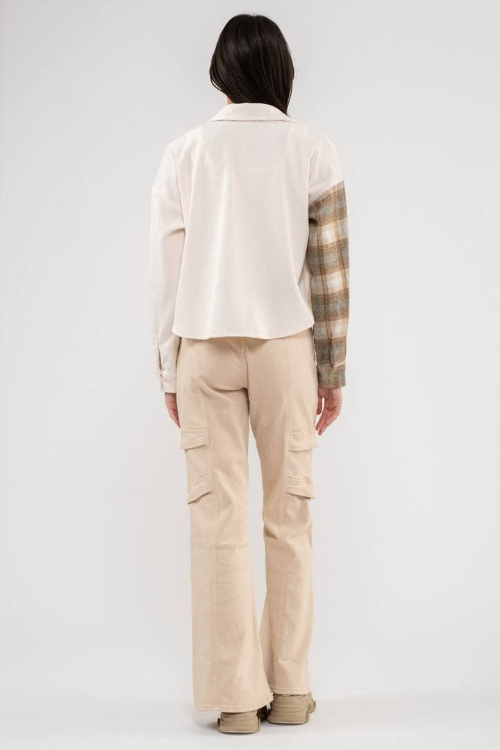CONTRAST PLAID PATCHWORK BUTTON UP TOP: IVORY