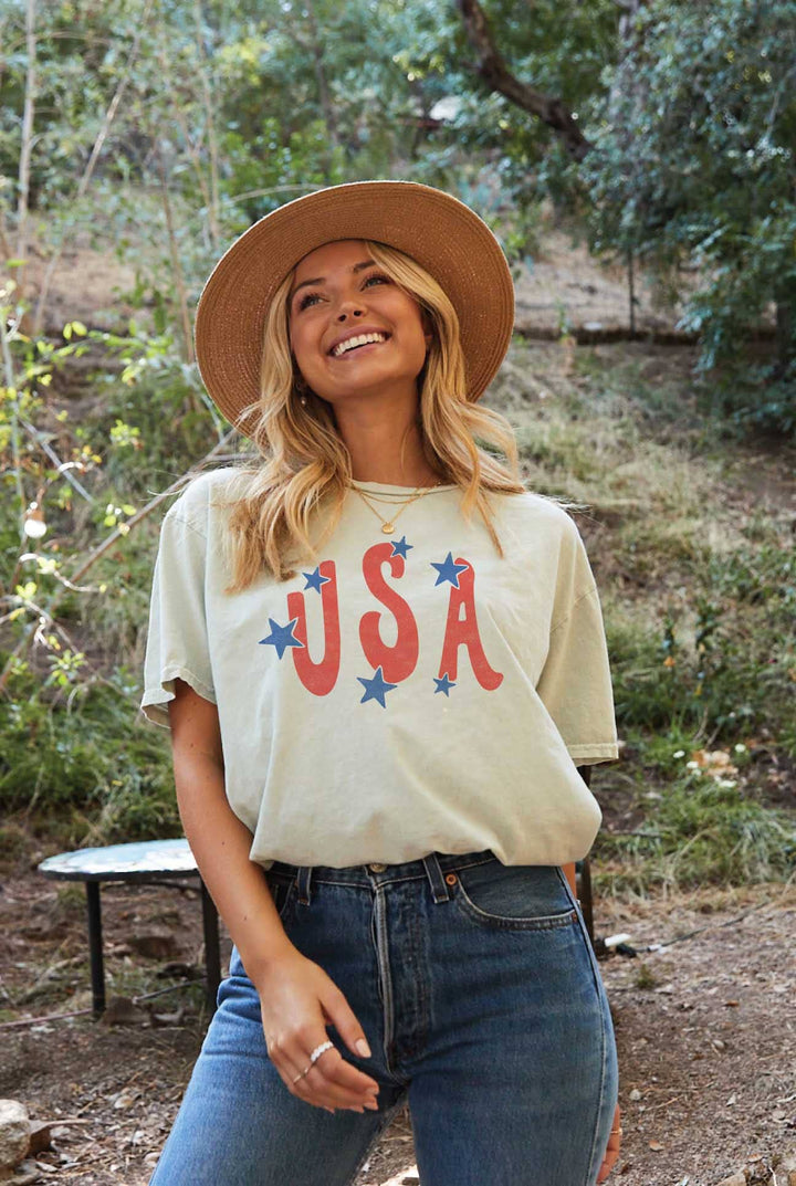 fitted USA Star Tee — mineral washed, 100% cotton, relaxed unisex fit, patriotic graphic tee in cream by Onyx Native