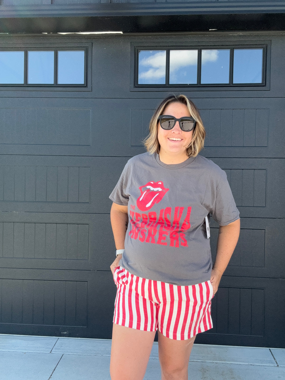 paired with tee Oh Red Stripe Shorts — drawstring shorts with bold red stripes, perfect for game day or casual wear, playful style by Onyx Native