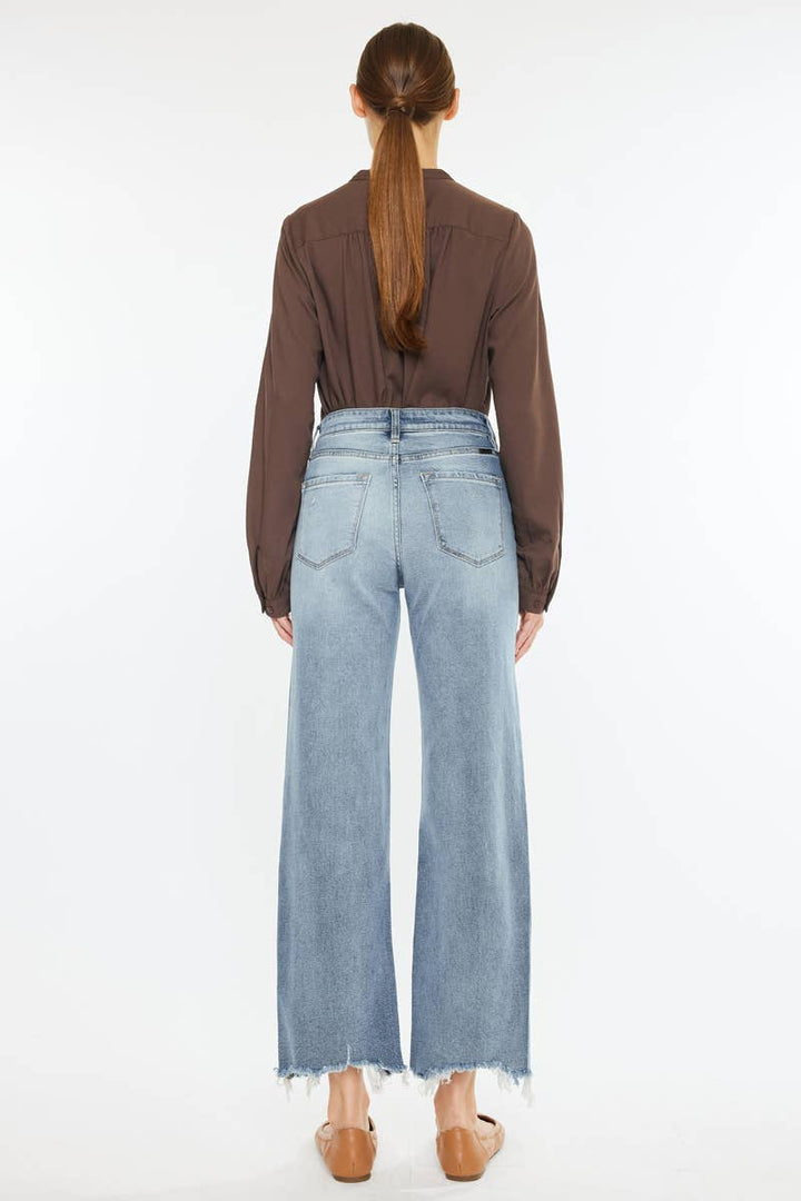 back view Kendall High Rise Slim Wide Leg Jeans — light wash, comfort stretch denim with frayed hem and zip fly, non-distressed by Onyx Native