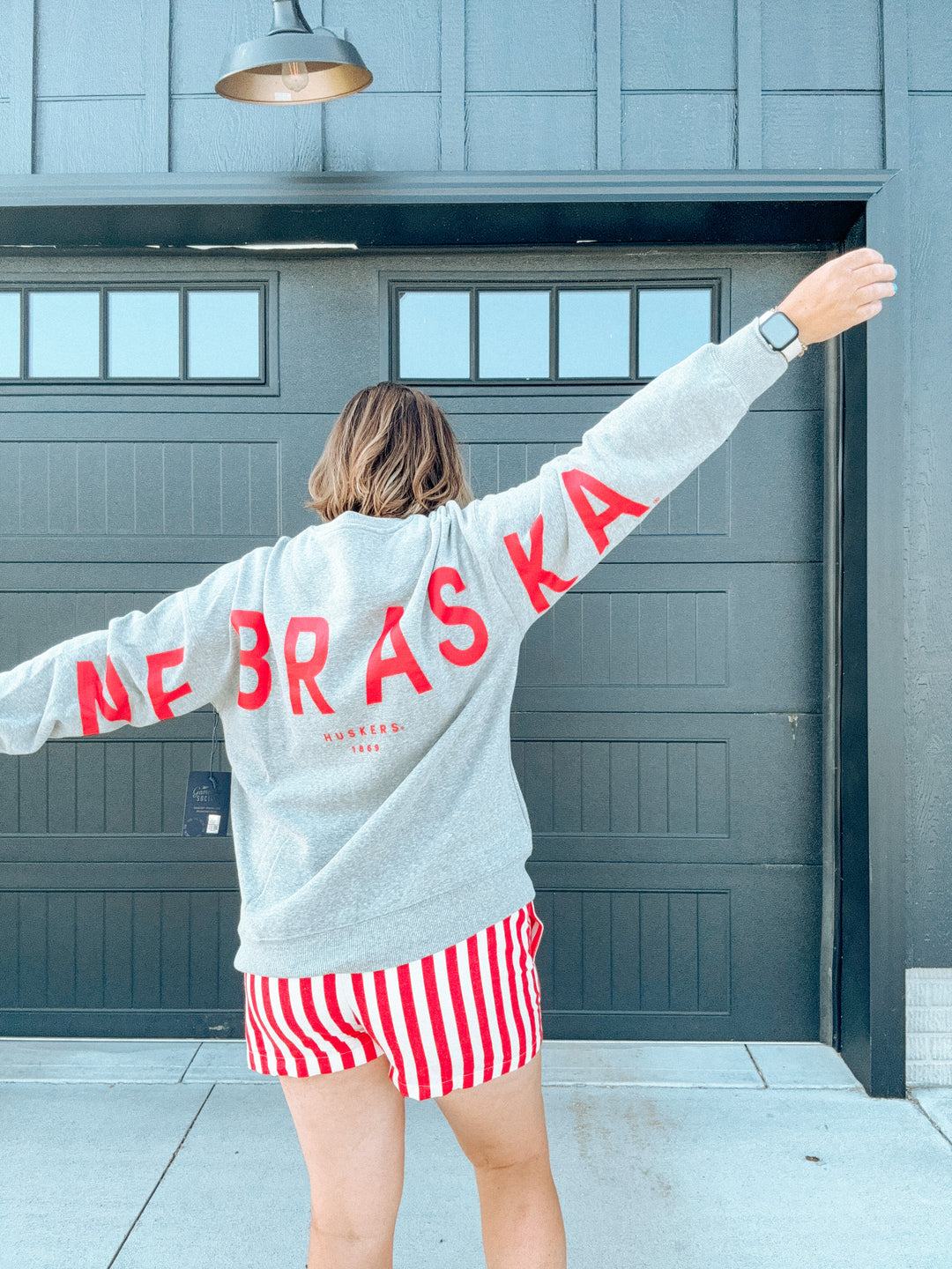 back view Oh Red Stripe Shorts — drawstring shorts with bold red stripes, perfect for game day or casual wear, playful style by Onyx Native