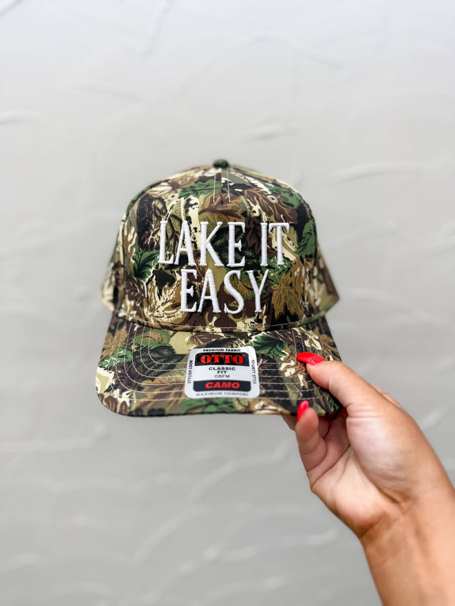 Lake It Easy Camo Cap — structured 5-panel cap with firm front panel and adjustable snapback, perfect for lake lovers by Onyx Native