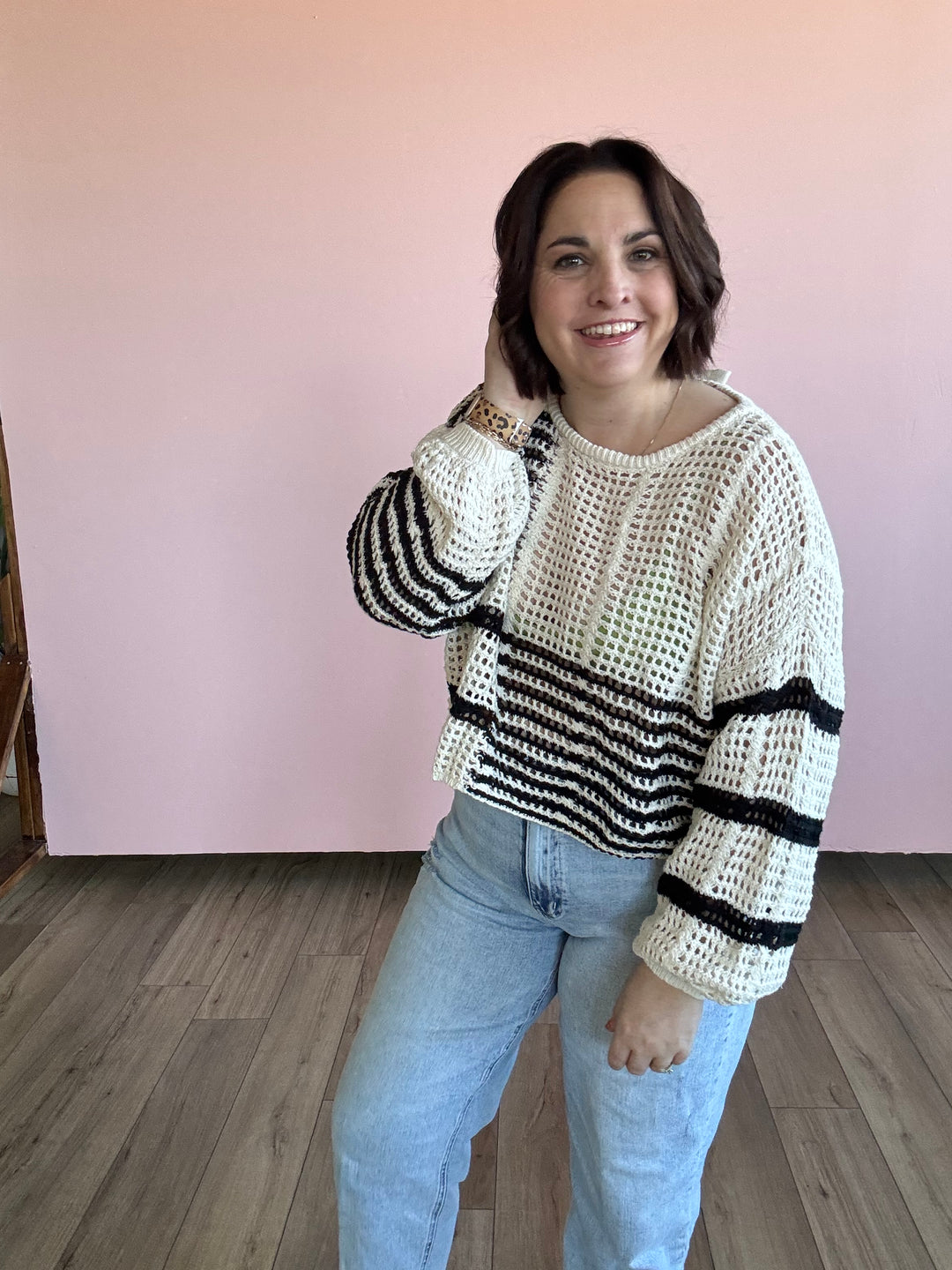 Stripe Colorblock Crochet Sheer Knit Sweater - Black Multi Stripe
