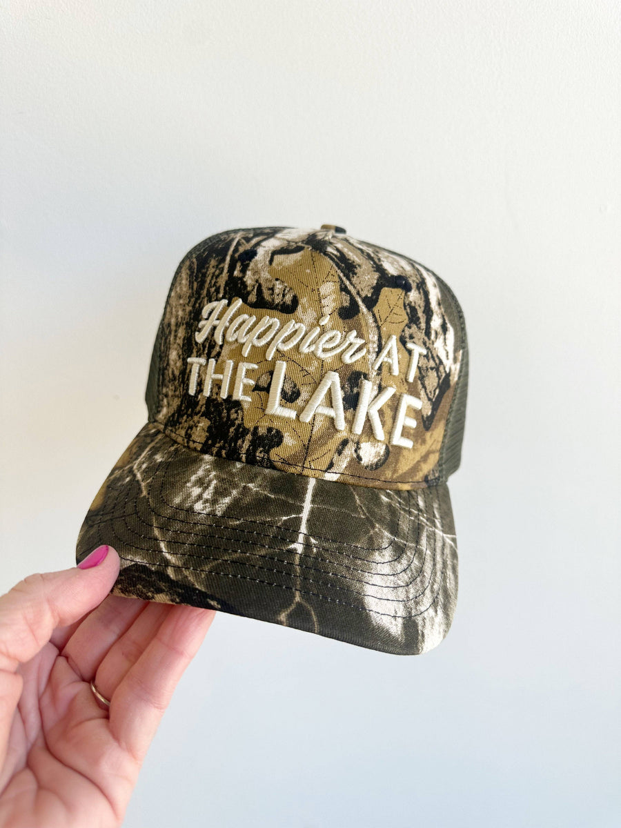 Happier At The Lake Camo Hat — 3D embroidered camo cotton front with breathable mesh back, outdoor trucker cap by Onyx Native