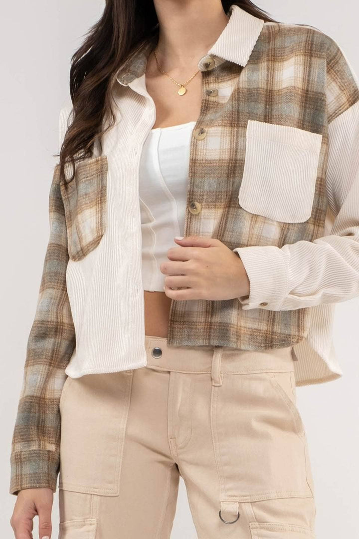 CONTRAST PLAID PATCHWORK BUTTON UP TOP: IVORY