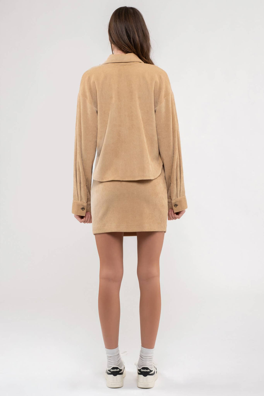back view of yellow color Dusty Sage Button Up Rib Knit Jacket with Collar, Long Sleeves, Pockets, and Pocket Slits.